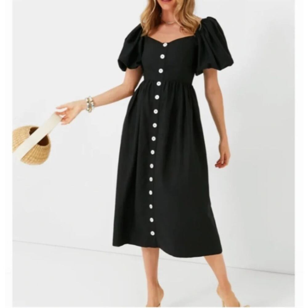 TUCKERNUCK x POMANDER PLACE Alexis Midi Dress Linen Black Sz L NWT $168 {JJ2} - Picture 2 of 5